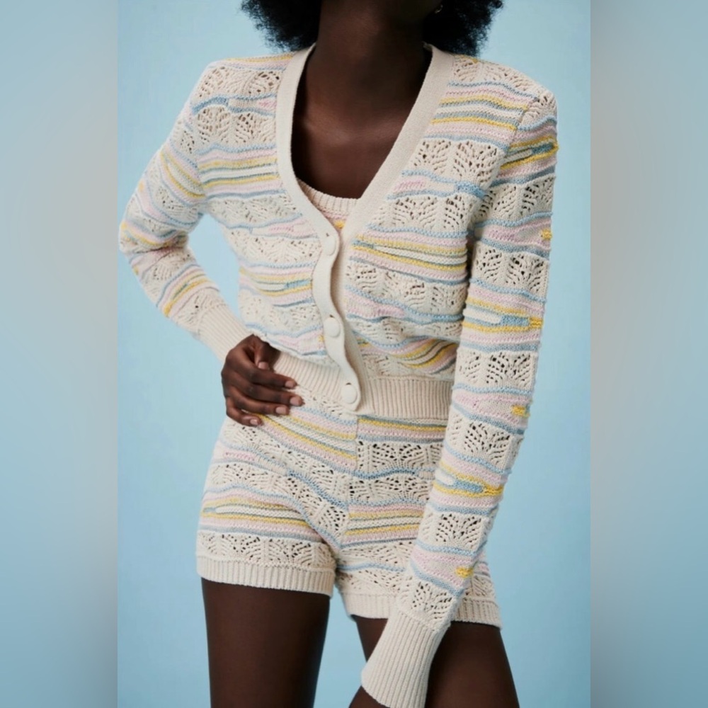 Zara Multicolor Pointelle Knit V-Neck Cardigan Sweater Pastel Size Small - Picture 2 of 4